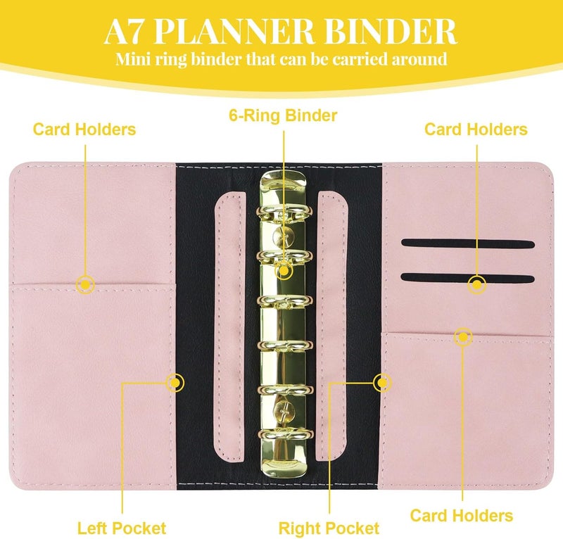 MultiBey A7 Refillable 6 Ring PU Leather Binder, Mini Padfolio Binder Notebook Cover for A7 Filler Paper, Loose Leaf Personal Planner Cover with Zip Wallet Bag and Pen, a7 Budget Binder (Black) - Image 2